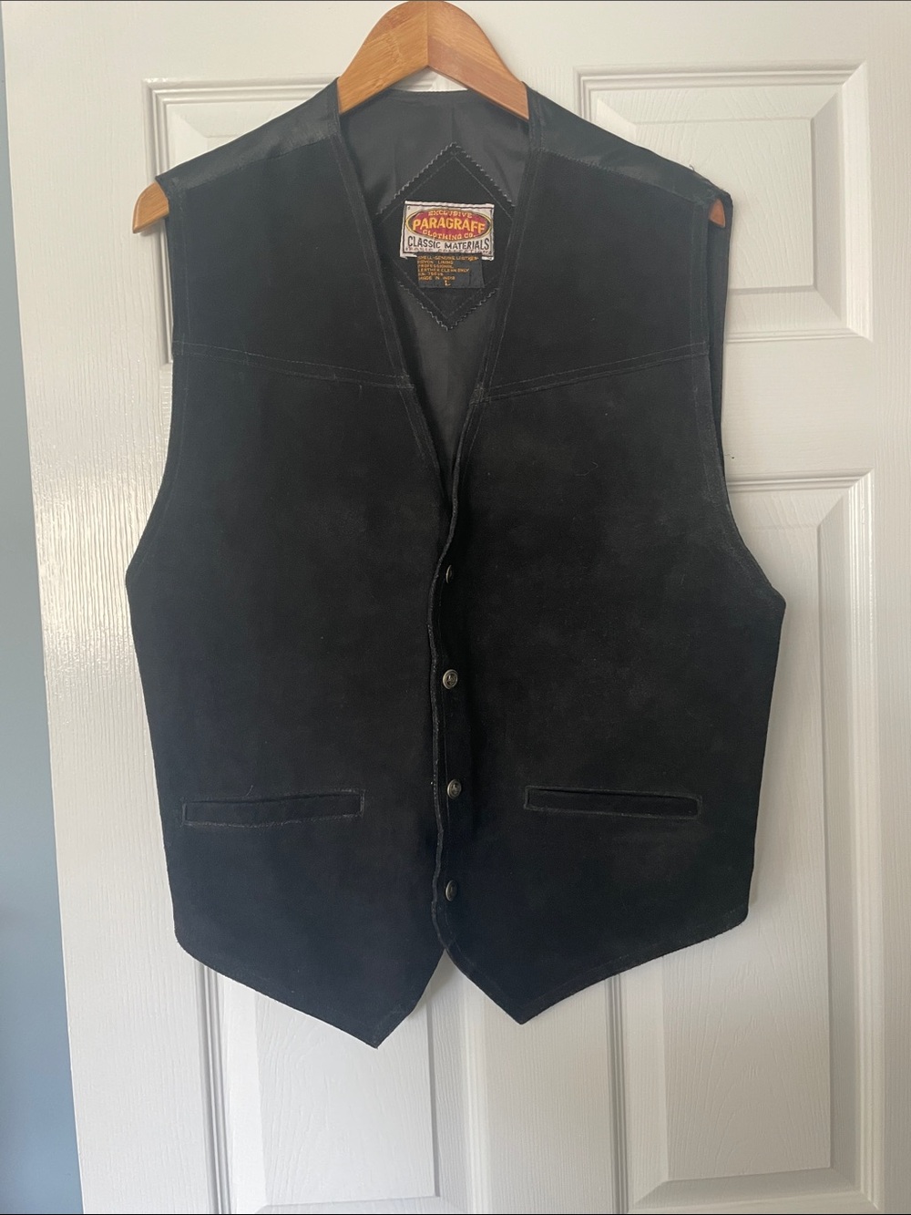 Vintage Paragraff Western Suede Leather Vest Men's Large Black Solid Snap Up